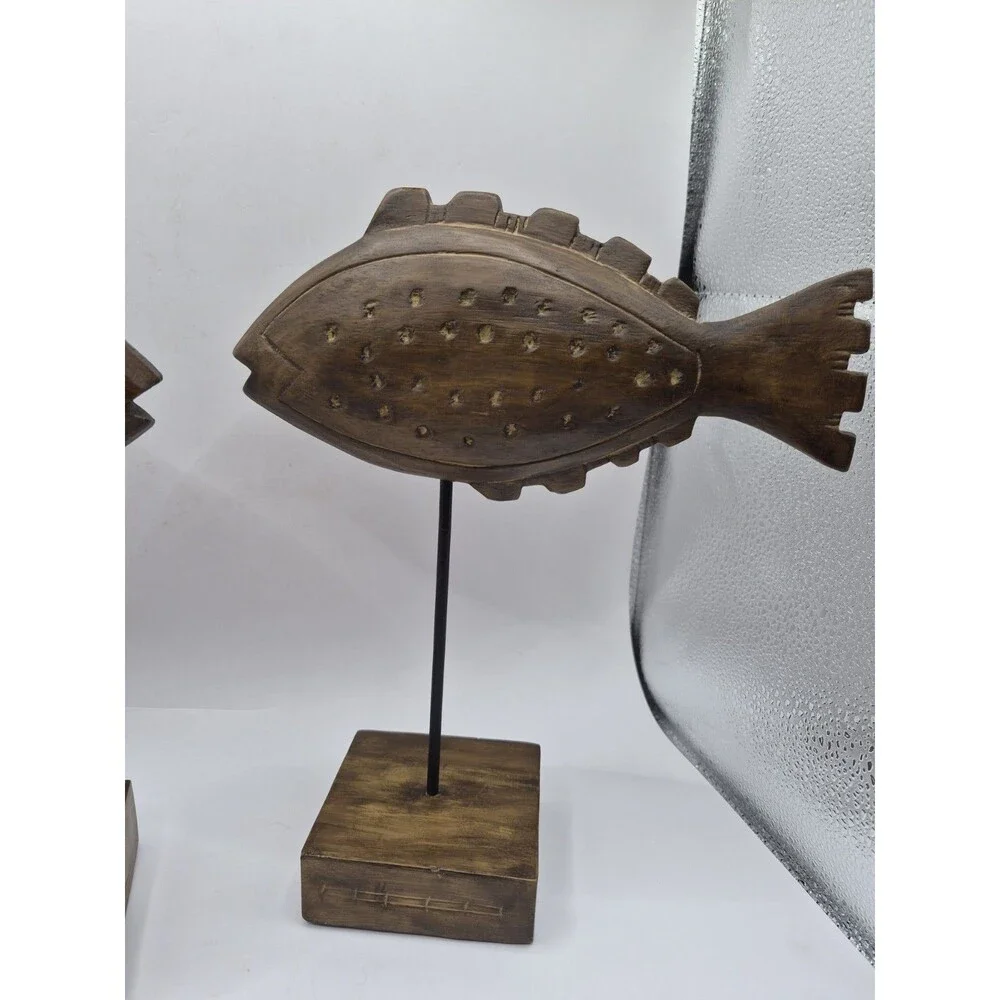 Wooden Hand Carved Fish On A Pedestal Portofino Rustic Coastal Decor